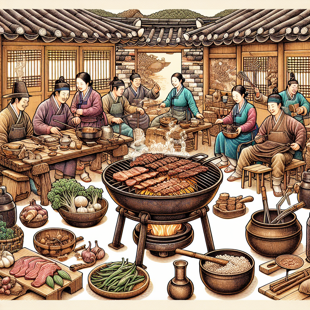 Delve into the historical essence of Korean BBQ, tracing back to its traditional roots with samgyeopsal and bulgogi in an ancient Korean setting.